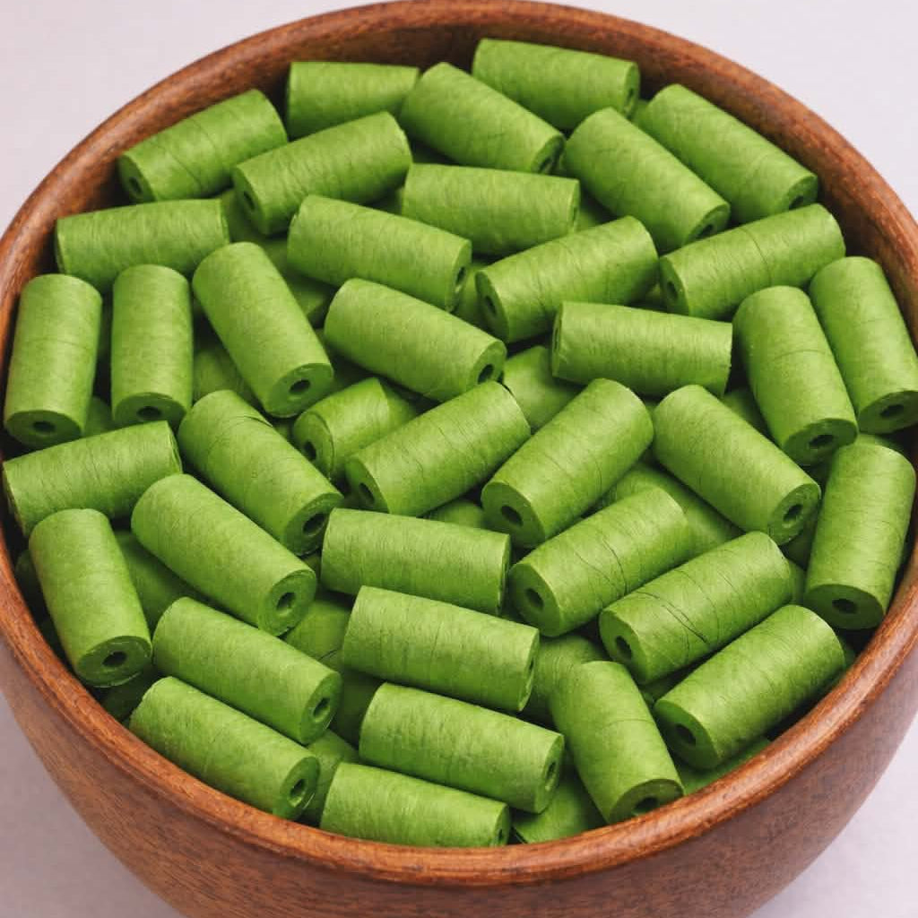 16 mm green barrel paper beads in a wooden bowl for jewelry making, ideal for handmade necklaces, bracelets, rosaries, and creative craft projects.