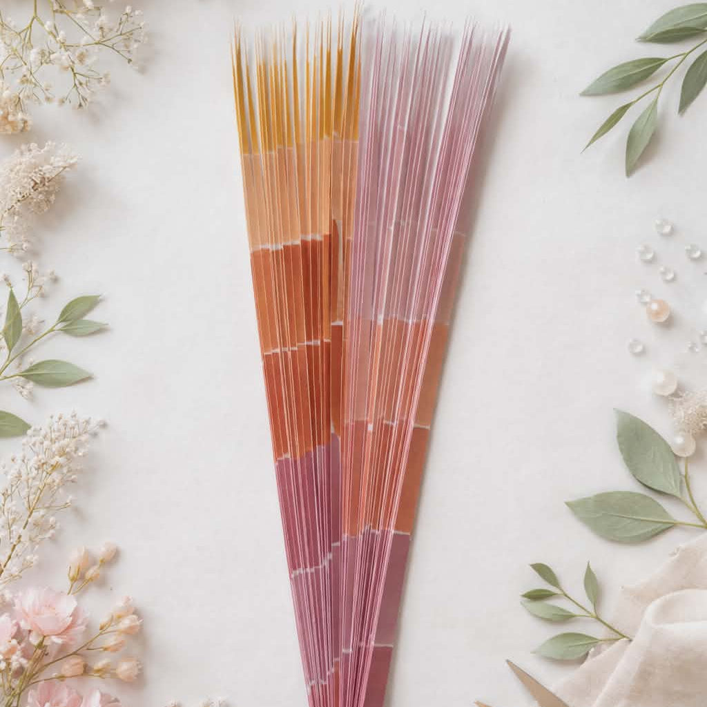 Decorative pre cut paper strips with color swatches on a floral and natural background