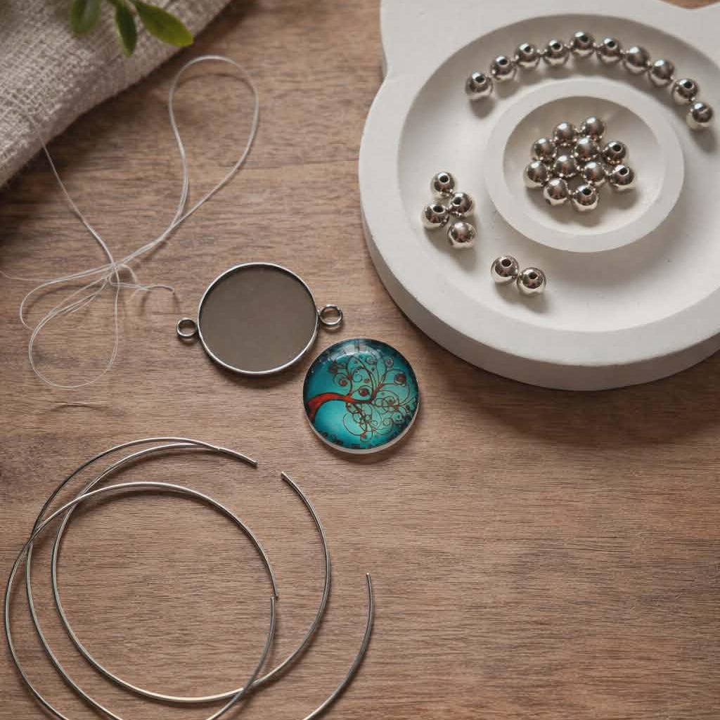 Jewelry-making materials including beads, wire, and a pendant on a wooden surface.