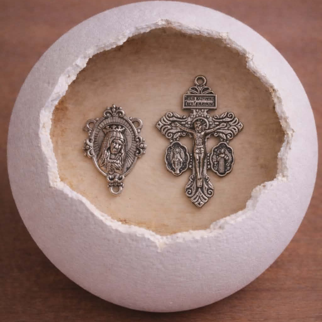 Crucifix and centerpiece displayed inside a cracked eggshell for Crimson and Olive Grace DIY rosary bead kit