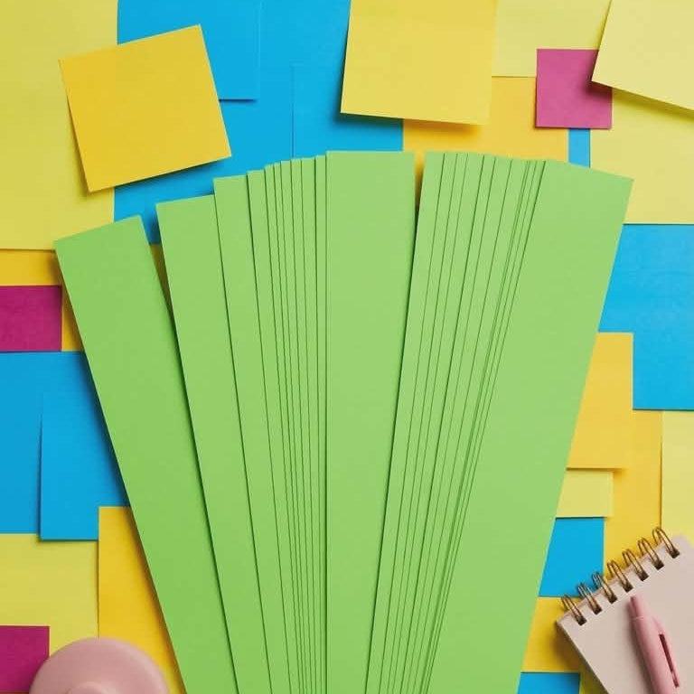 Lime green 16 mm barrel-shaped paper bead strips on post-it notes with scissors and notepad