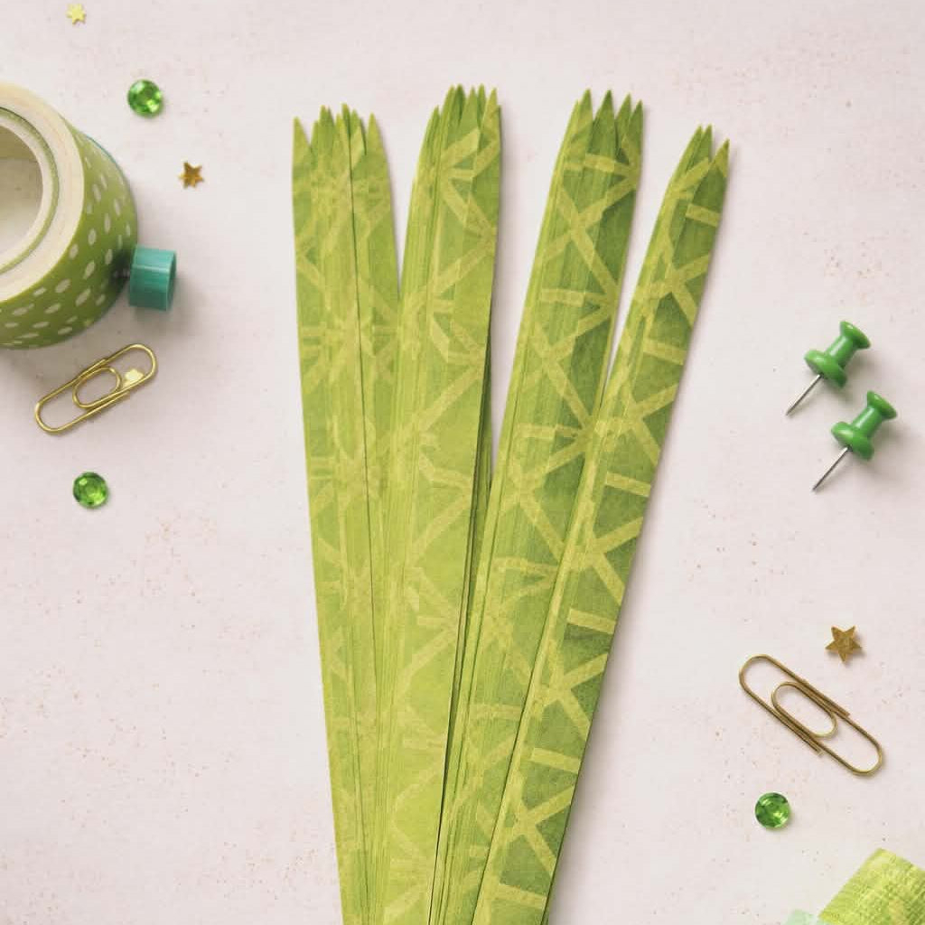 Green patterned paper strips on a light surface with office supplies.