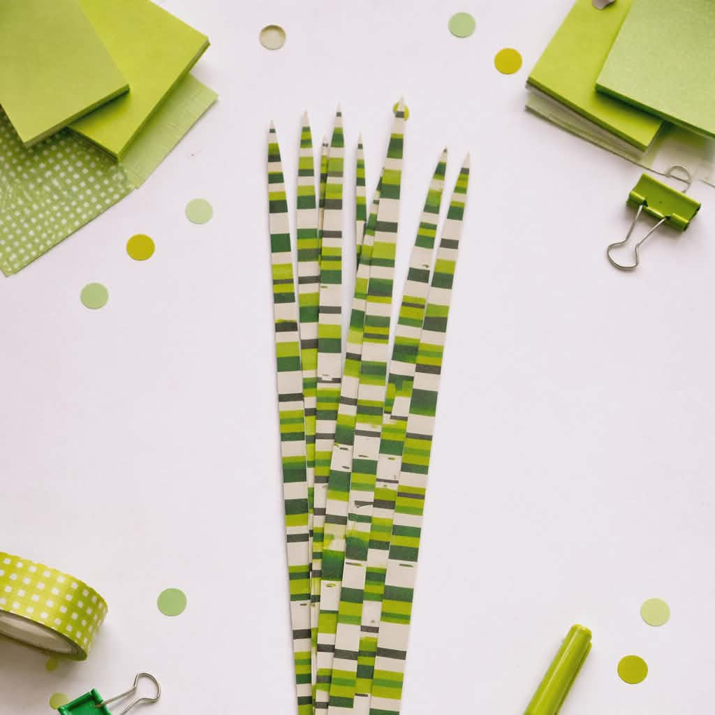 Green striped paper bead rolling strips for DIY jewelry making in styled flat lay