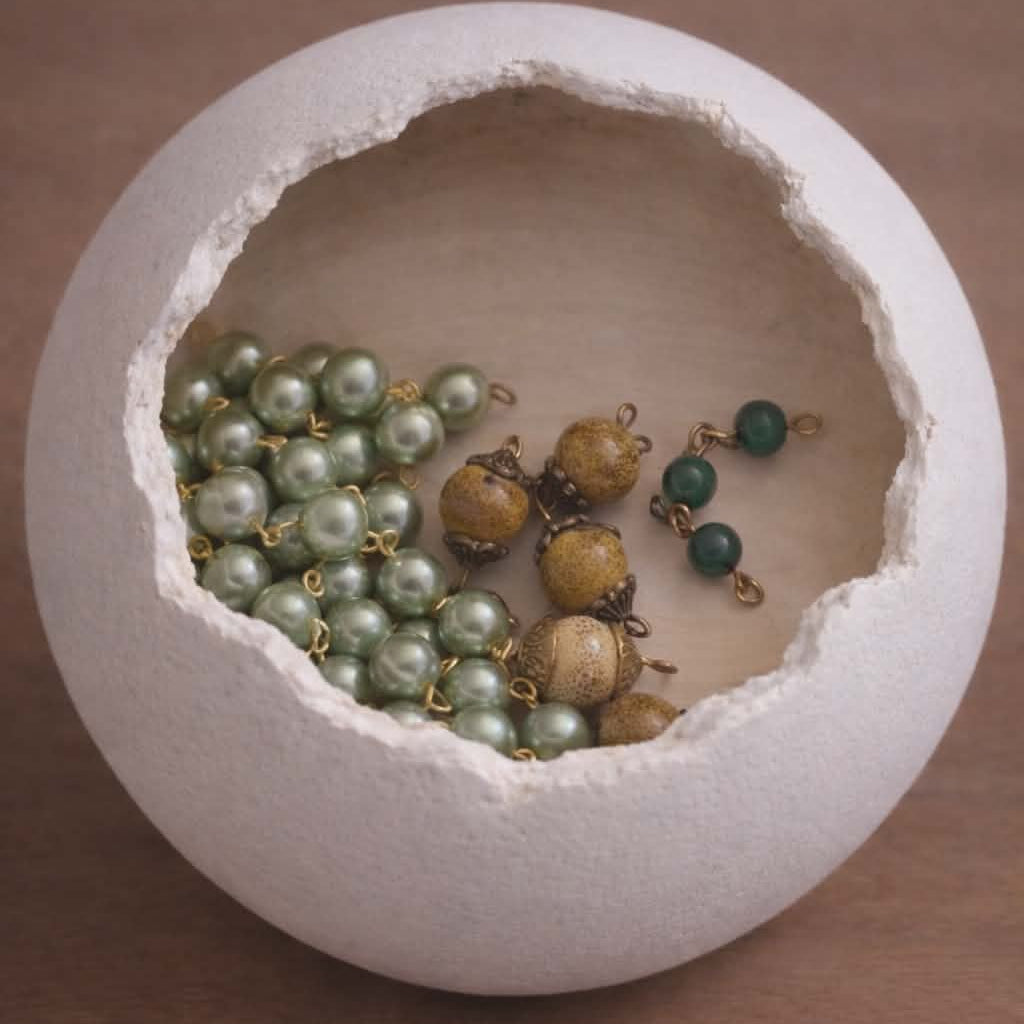 Olive Grove Devotion DIY Rosary Bead Kit with sage green pearl beads, speckled brown accents, and gold crucifix components