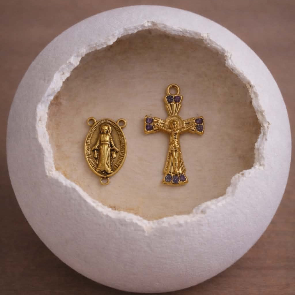 Gold crucifix and coordinating centerpiece from Olive Grove Devotion DIY Rosary Bead Kit