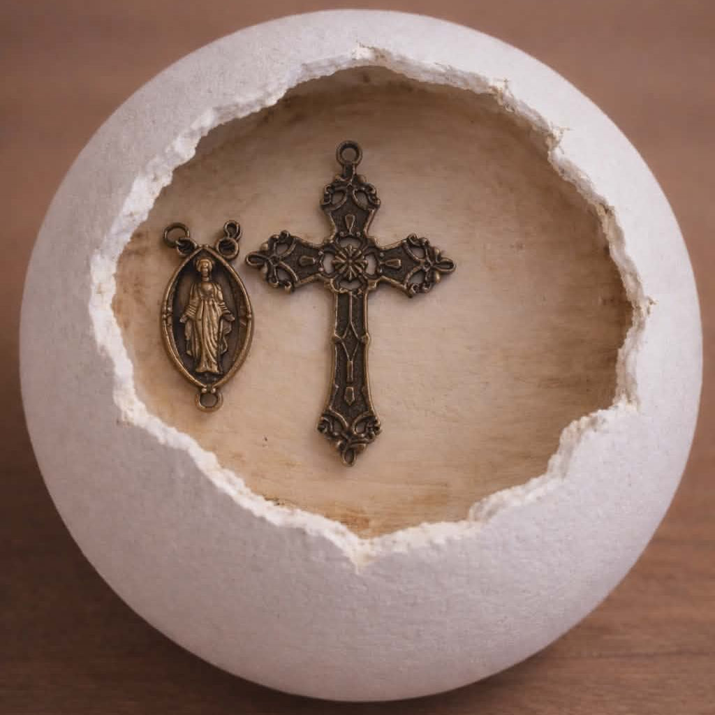 Antique bronze centerpiece and crucifix from Sacred Ember DIY Rosary Bead Kit