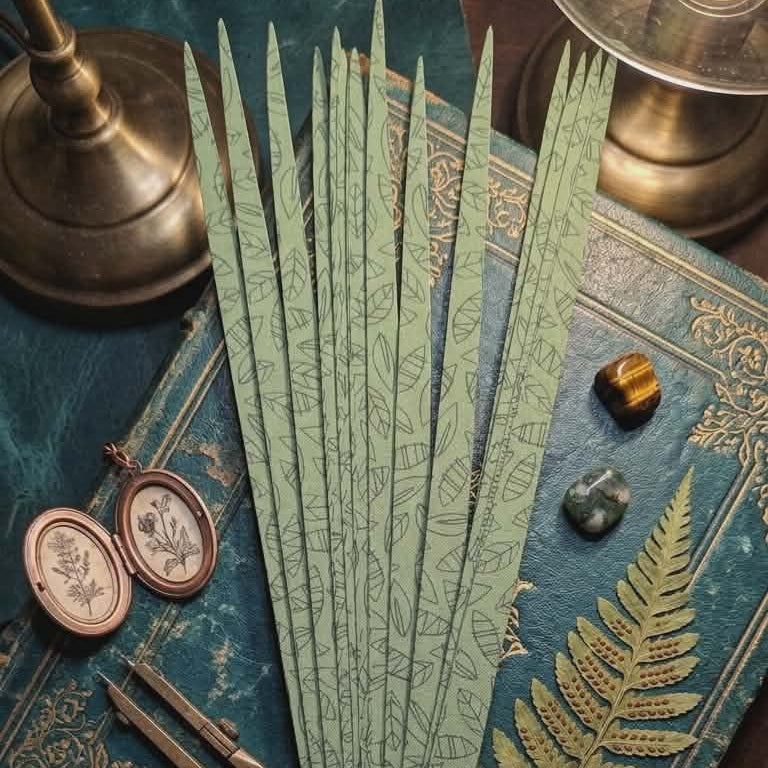 Green botanical paper bead rolling strips for DIY jewelry making styled on vintage book background