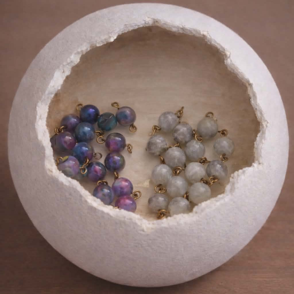 Close-up of violet iridescent rosary beads with gray stone accents for DIY Catholic rosary kit