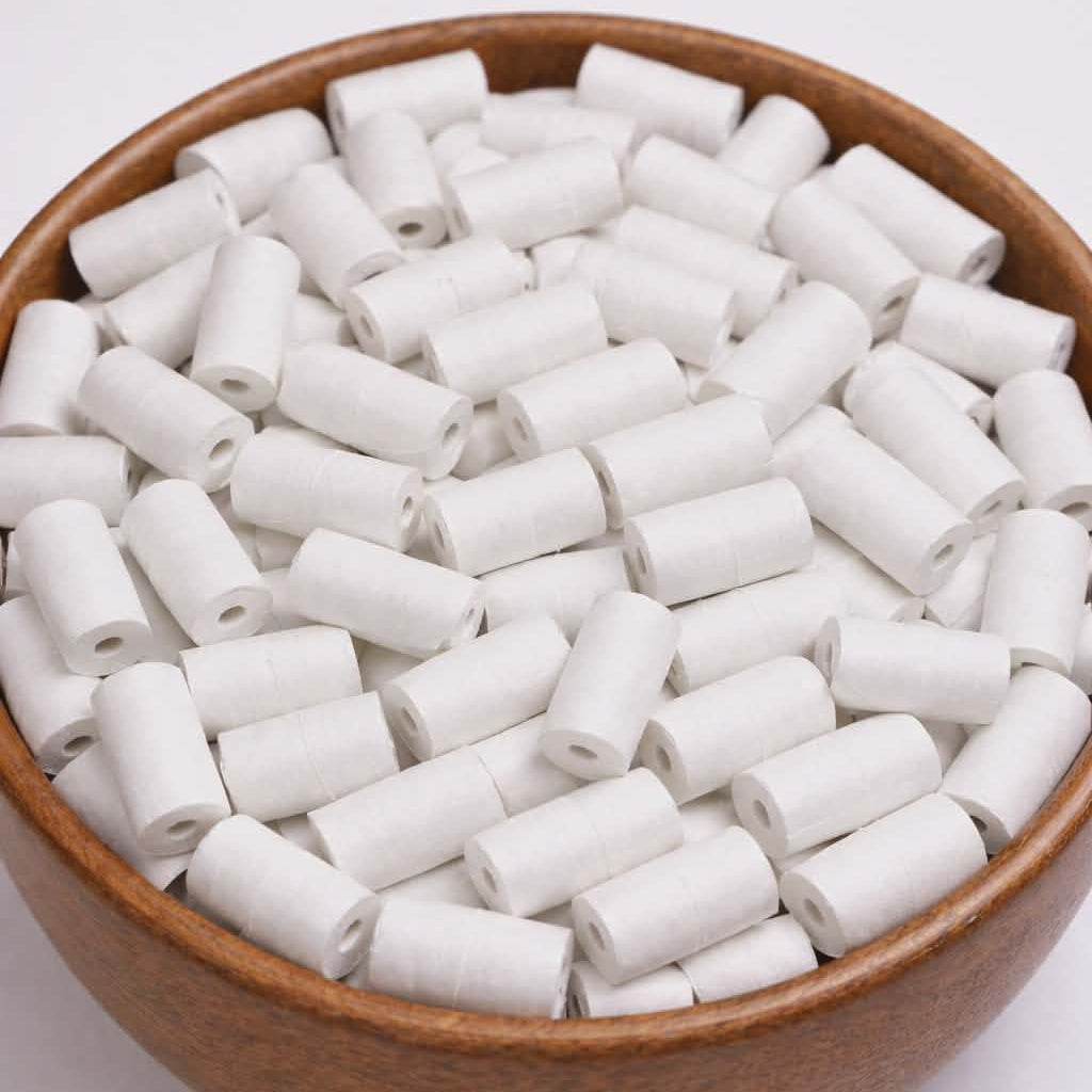 White handmade barrel-shaped paper beads displayed in a round wooden bowl on a neutral background.