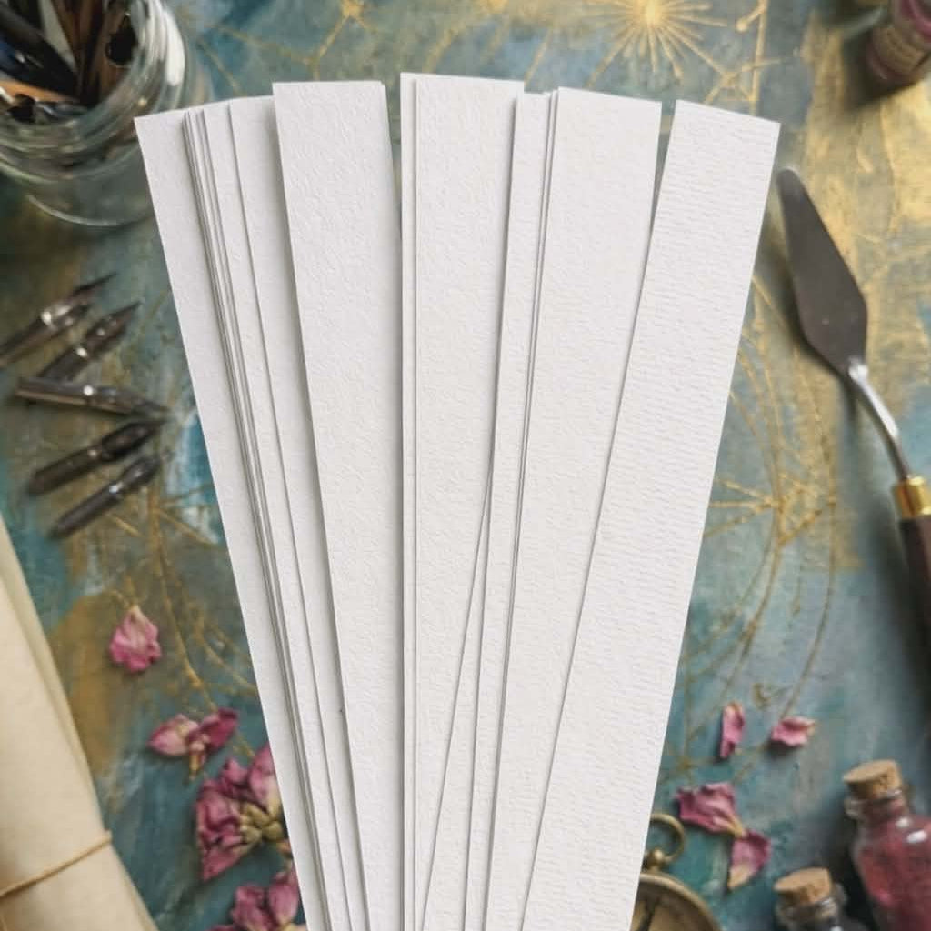 Textured white paper bead strips arranged in a fan shape on a creative craft table with art tools and dried flowers.