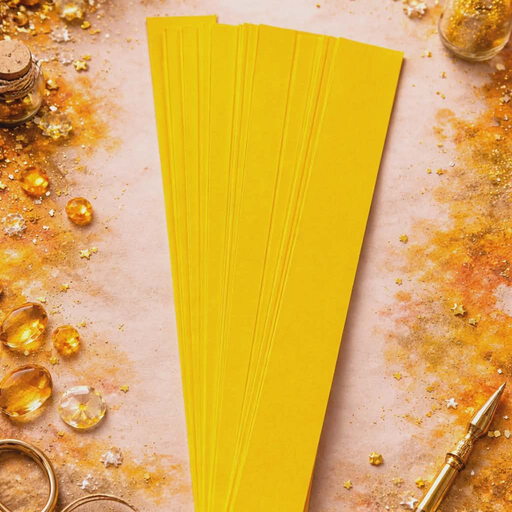 Stack of yellow paper on a textured surface with decorative items.